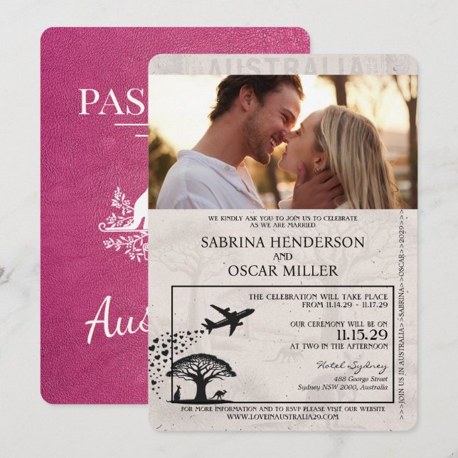 Invitación Boda de pasaportes de Australia rosa magenta (Anverso / Reverso)