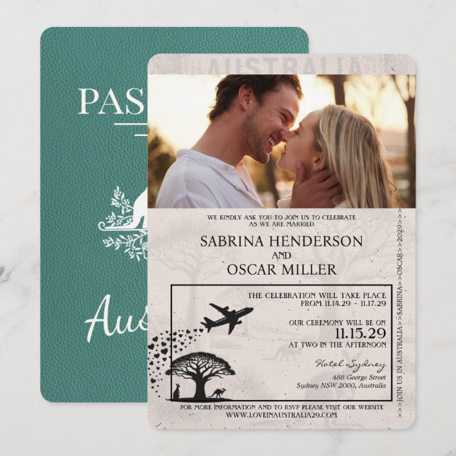 Invitación Boda de pasaportes de Australia Turquoise (Anverso / Reverso)