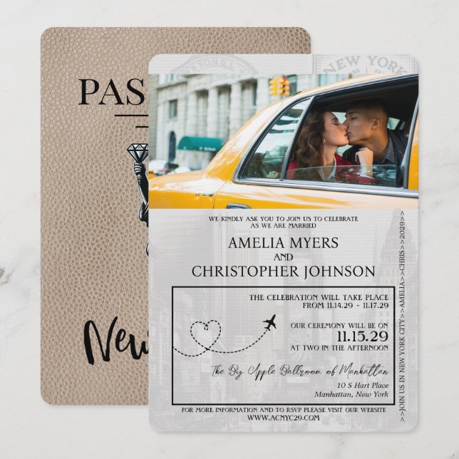 Invitación Boda de Pasaportes de Beige New York City (Anverso / Reverso)