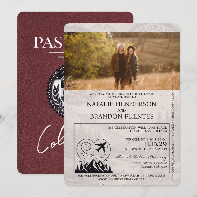 Invitación Boda de pasaportes de Borgoña Colorado (Anverso / Reverso)