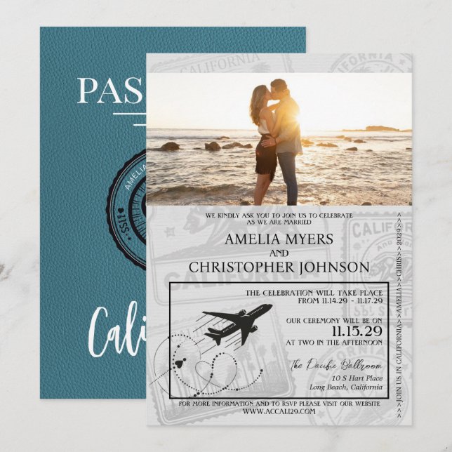 Invitación Boda de Pasaportes de California de California (Anverso / Reverso)