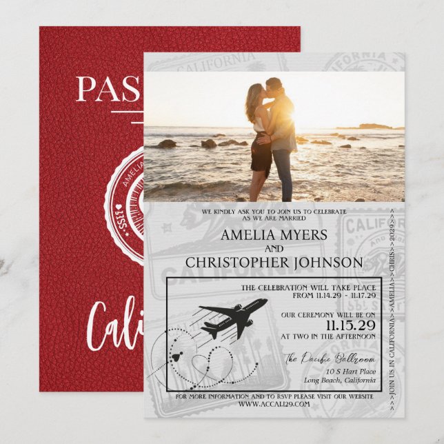 Invitación Boda de Pasaportes de California Roja (Anverso / Reverso)
