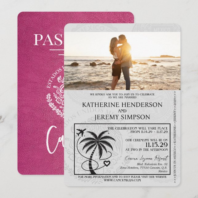 Invitación Boda de pasaportes de Cancún rosa magenta (Anverso / Reverso)