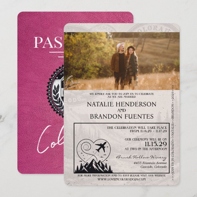 Invitación Boda de pasaportes de Colorado rosa Magenta (Anverso / Reverso)