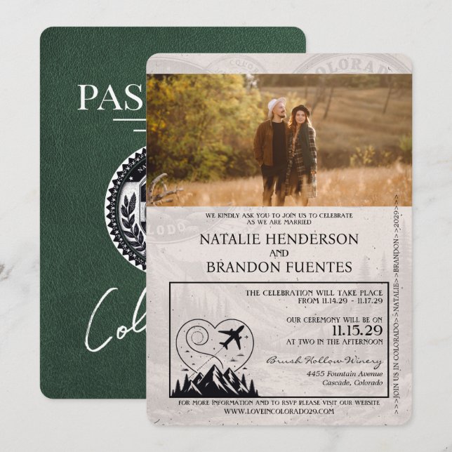 Invitación Boda de Pasaportes de Colorado Verde (Anverso / Reverso)