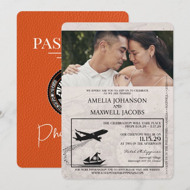 Invitación Boda de pasaportes de Filipinas naranja (Anverso / Reverso)