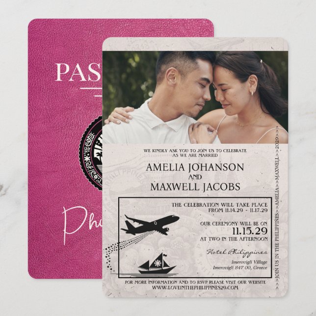 Invitación Boda de pasaportes de Filipinas rosa magenta (Anverso / Reverso)
