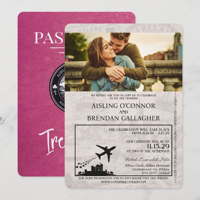 Invitación Boda de pasaportes de Irlanda rosa magenta (Anverso / Reverso)