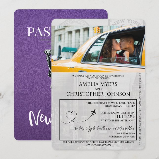 Invitación Boda de Pasaportes de la Ciudad de Nueva York Púrp (Anverso / Reverso)