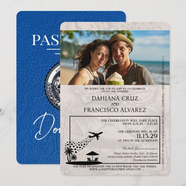 Invitación Boda de Pasaportes de la República Dominicana Azul (Anverso / Reverso)