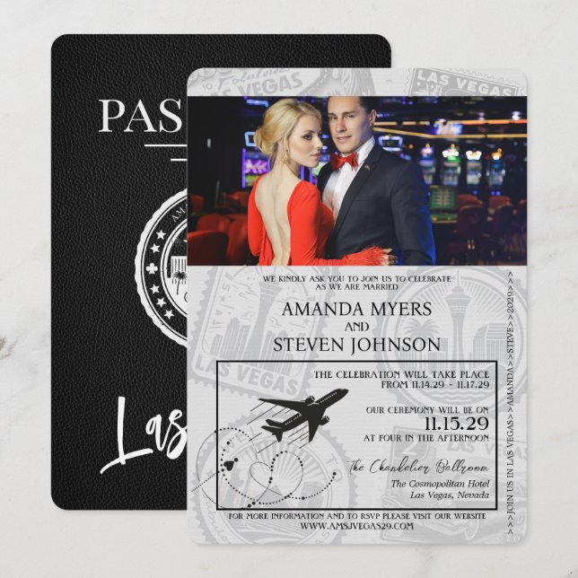 Invitación Boda de pasaportes de Las Vegas Negro (Anverso / Reverso)