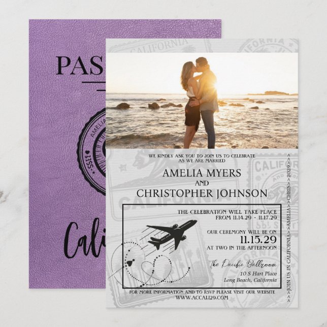 Invitación Boda de Pasaportes de Lavender California (Anverso / Reverso)
