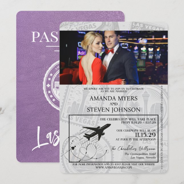 Invitación Boda de Pasaportes de Lavender Las Vegas (Anverso / Reverso)