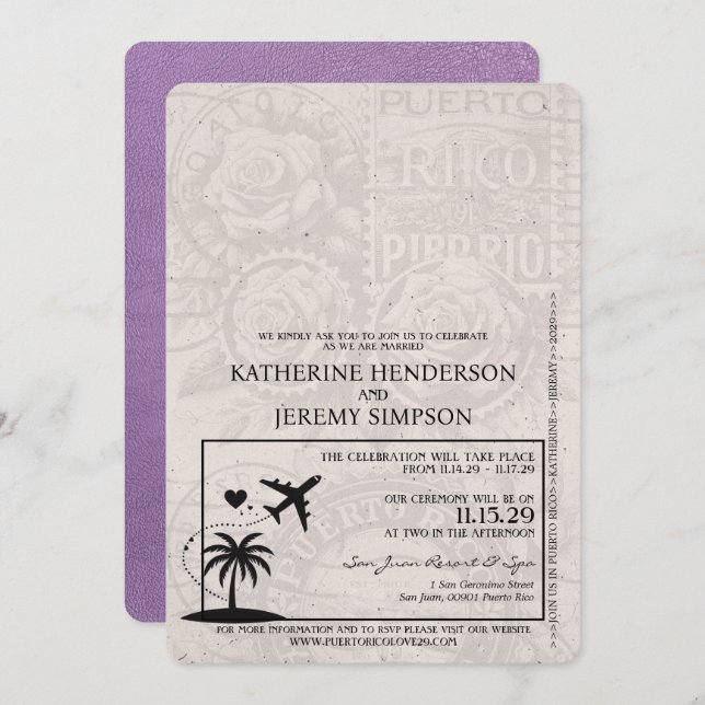 Invitación Boda de Pasaportes de Lavender Puerto Rico (Anverso / Reverso)