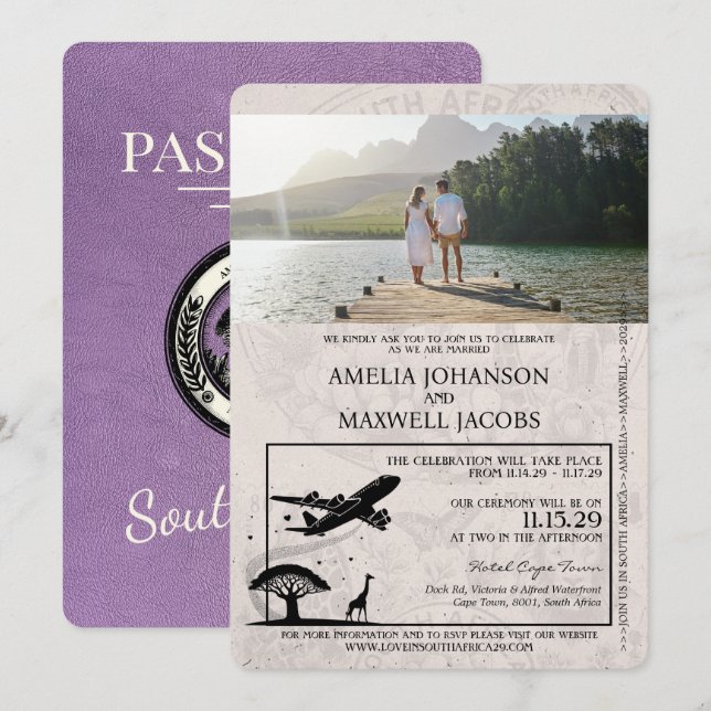 Invitación Boda de Pasaportes de Lavender Sudáfrica (Anverso / Reverso)