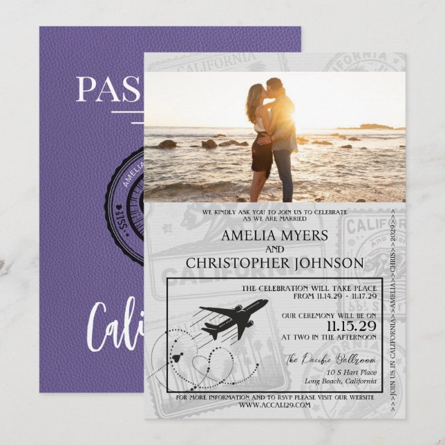 Invitación Boda de Pasaportes de Lilac California (Anverso / Reverso)