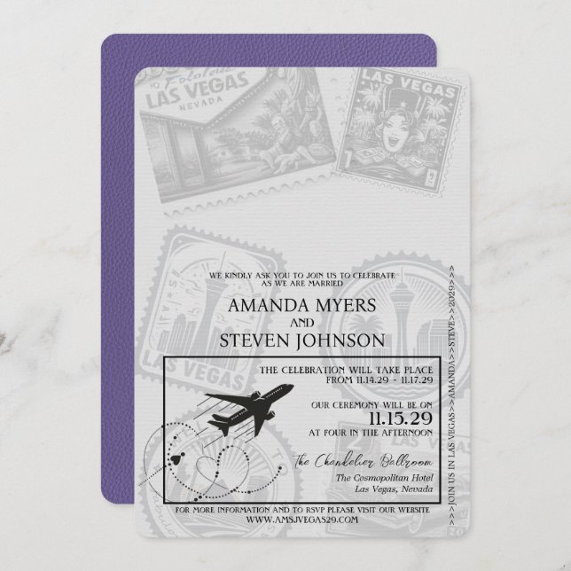 Invitación Boda de Pasaportes de Lilac Las Vegas (Anverso / Reverso)