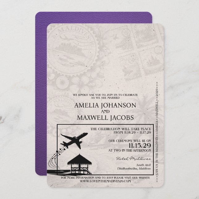Invitación Boda de Pasaportes de Maldivas Púrpura (Anverso / Reverso)
