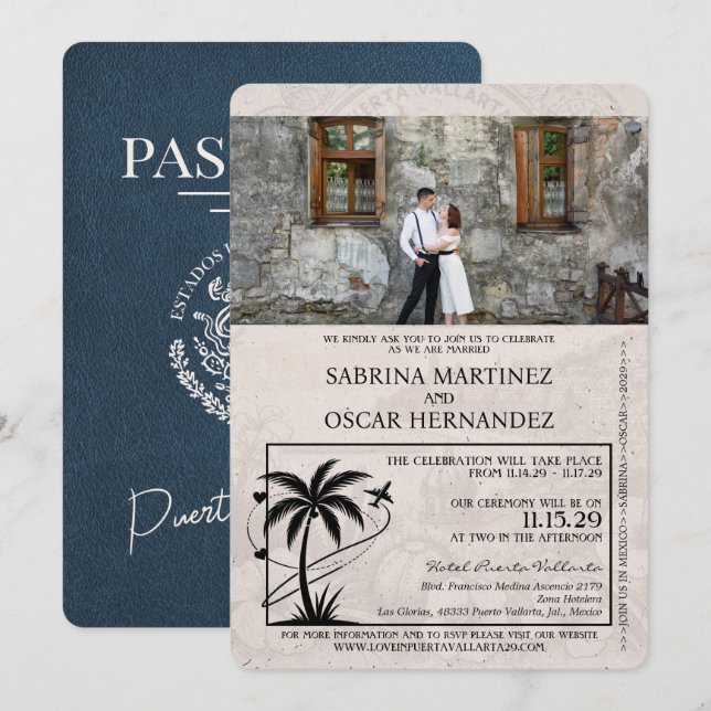 Invitación Boda de pasaportes de Marina Blue Puerta Vallarta (Anverso / Reverso)