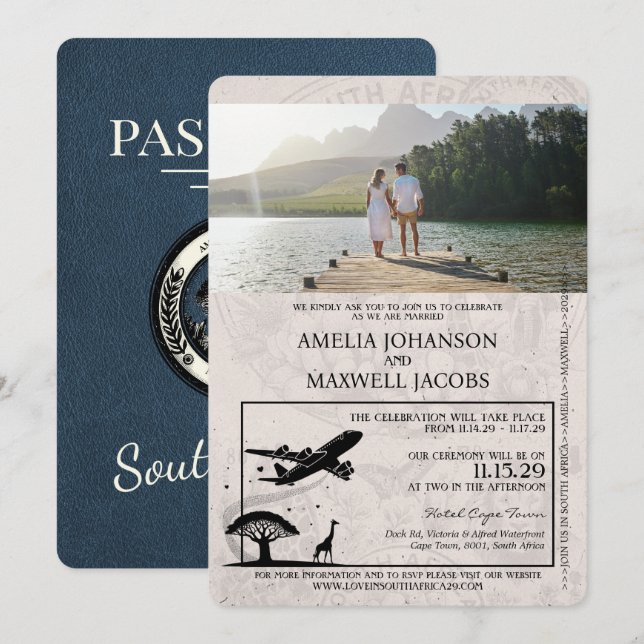 Invitación Boda de pasaportes de Marina Blue South Africa (Anverso / Reverso)