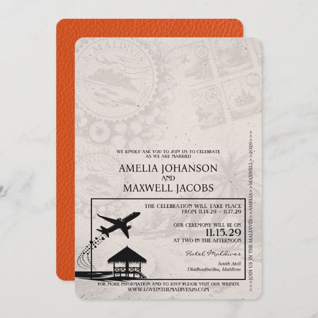 Invitación Boda de pasaportes de naranja Maldivas (Anverso / Reverso)