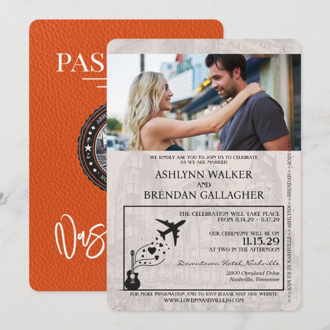 Invitación Boda de Pasaportes de naranja Nashville (Anverso / Reverso)