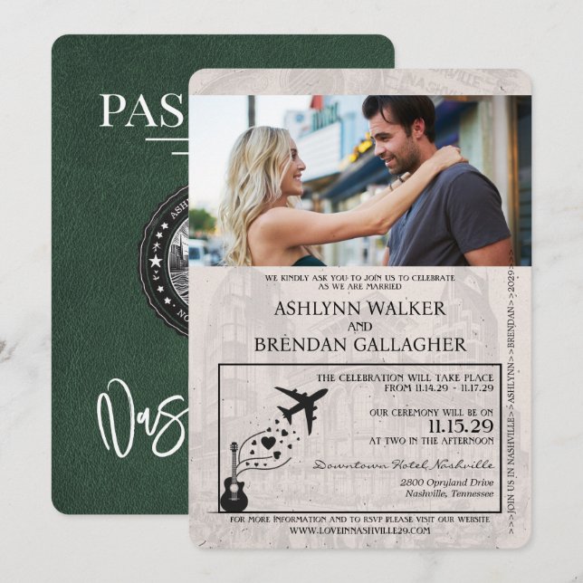 Invitación Boda de Pasaportes de Nashville Verde (Anverso / Reverso)