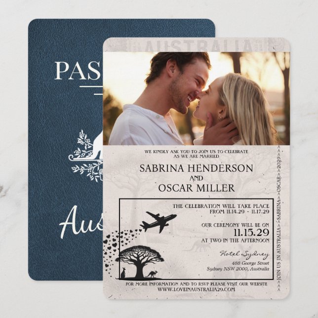 Invitación Boda de pasaportes de Navy Blue Australia (Anverso / Reverso)