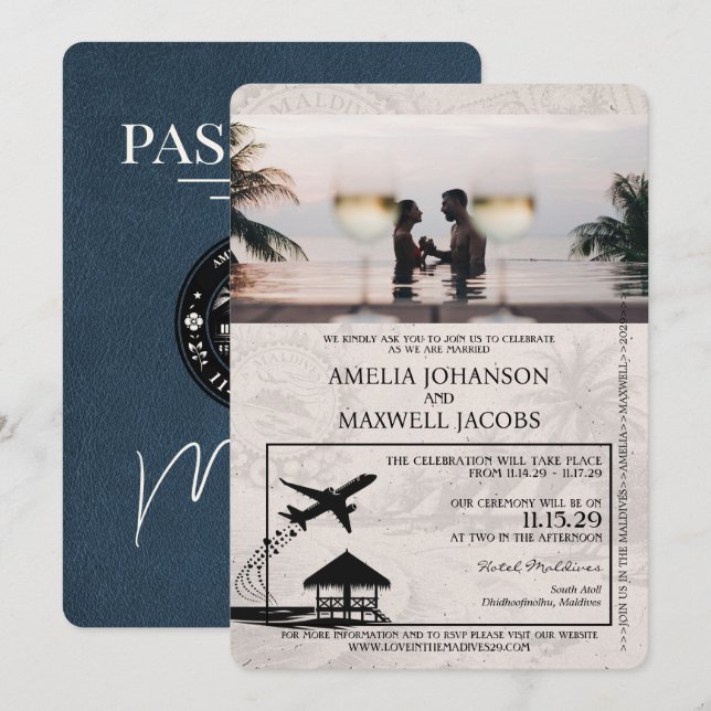 Invitación Boda de pasaportes de Navy Blue Maldives (Anverso / Reverso)
