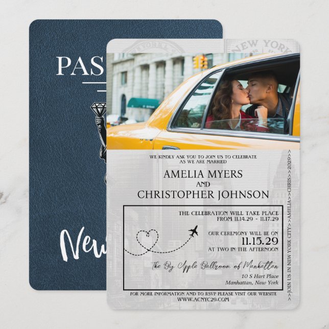 Invitación Boda de pasaportes de Navy Blue New York City (Anverso / Reverso)