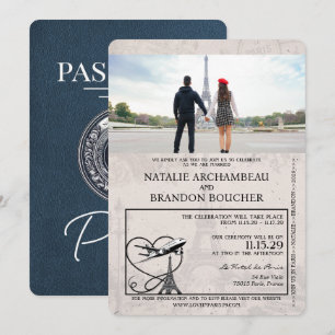 Invitación Boda de Pasaportes de Navy Blue Paris