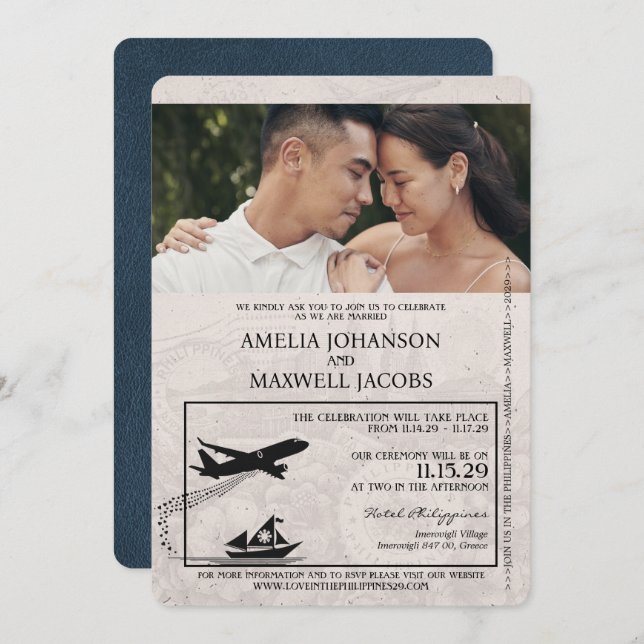 Invitación Boda de pasaportes de Navy Blue Philippines (Anverso / Reverso)