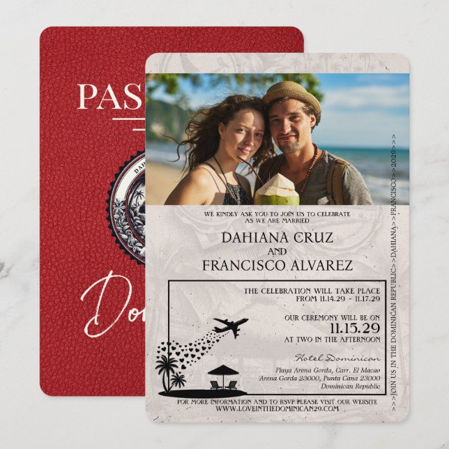 Invitación Boda de Pasaportes de República Dominicana Roja (Anverso / Reverso)