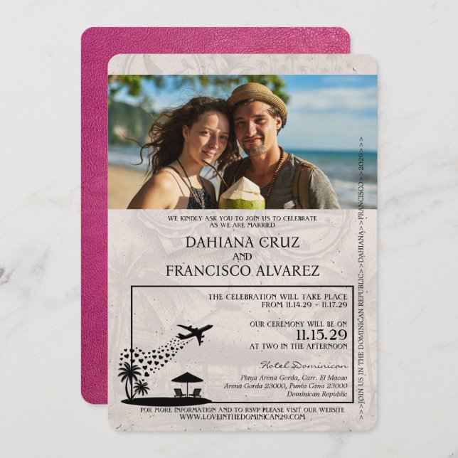 Invitación Boda de pasaportes de República Dominicana rosa ma (Anverso / Reverso)