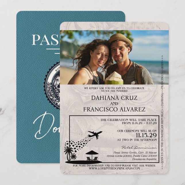 Invitación Boda de pasaportes de República Dominicana verde a (Anverso / Reverso)