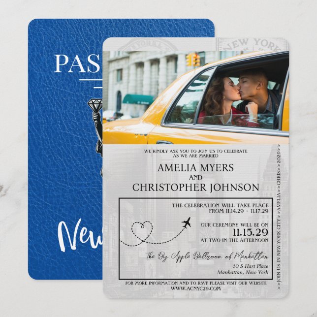 Invitación Boda de pasaportes de Royal Blue New York City (Anverso / Reverso)