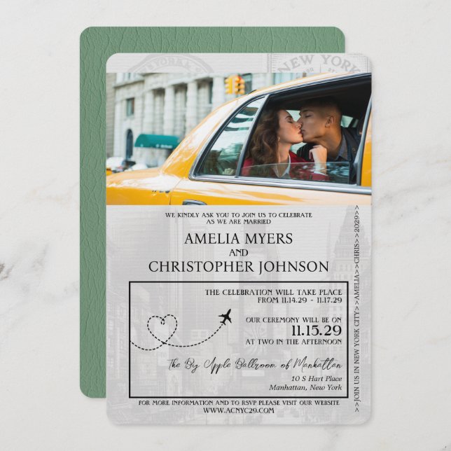 Invitación Boda de Pasaportes de Sage Green New York City (Anverso / Reverso)