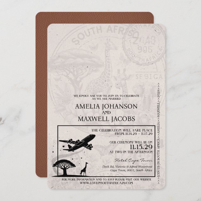 Invitación Boda de Pasaportes de Sudáfrica de Brown (Anverso / Reverso)