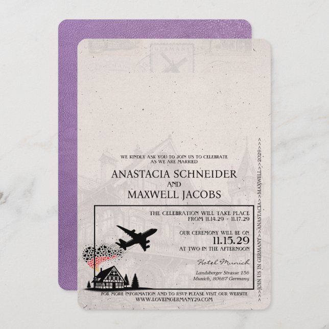 Invitación Boda de Pasaportes Lavender Purple Alemania (Anverso / Reverso)