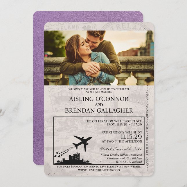 Invitación Boda de Pasaportes Lavender Purple Ireland (Anverso / Reverso)