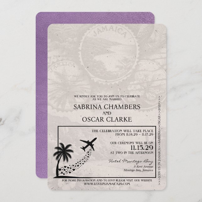 Invitación Boda de Pasaportes Lavender Purple Jamaica (Anverso / Reverso)