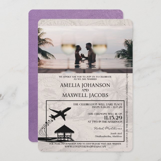 Invitación Boda de Pasaportes Lavender Purple Maldives (Anverso / Reverso)