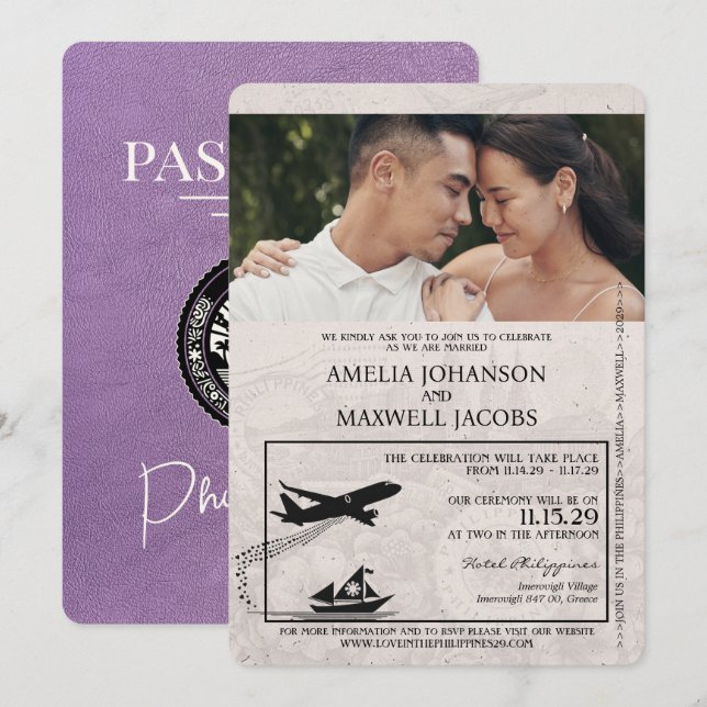 Invitación Boda de Pasaportes Lavender Purple Philippines (Anverso / Reverso)