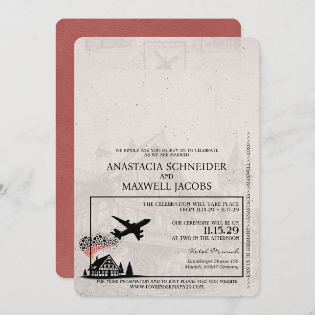 Invitación Boda de pasaportes ligero de Borgoña Alemania (Anverso / Reverso)