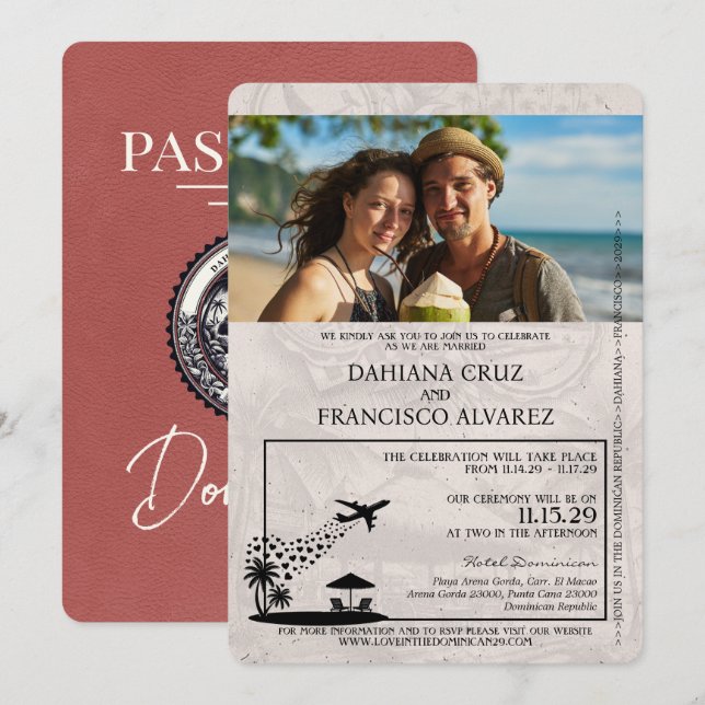 Invitación Boda de pasaportes ligero de Borgoña República Dom (Anverso / Reverso)