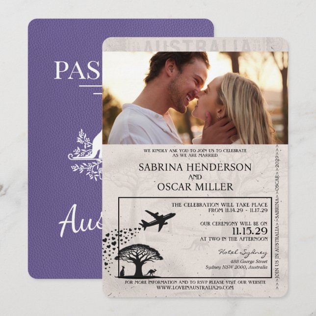 Invitación Boda de pasaportes Lilac Purple Australia (Anverso / Reverso)