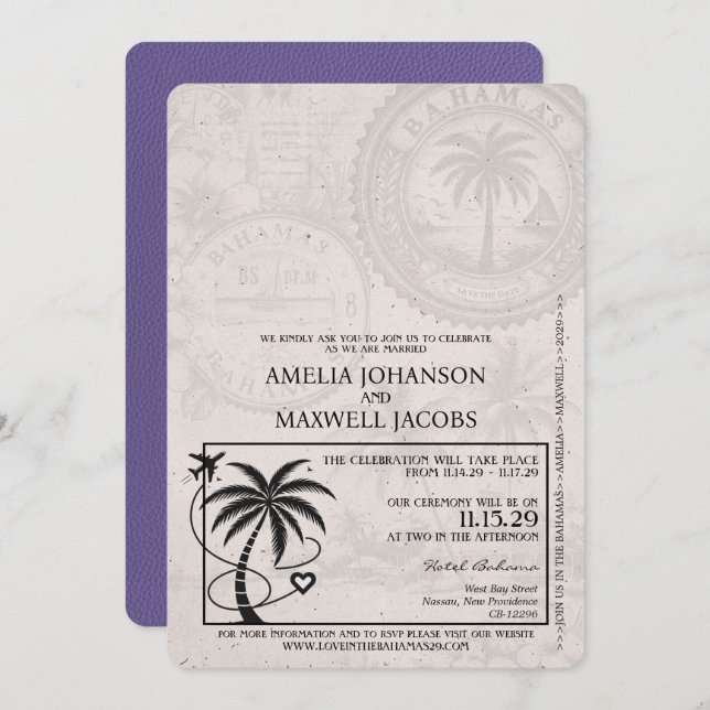 Invitación Boda de pasaportes Lilac Purple Bahamas (Anverso / Reverso)