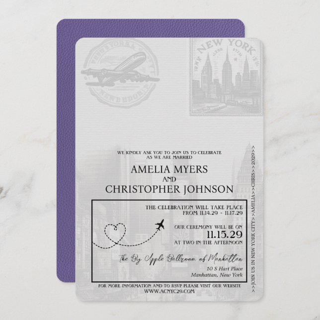 Invitación Boda de Pasaportes Lilac Purple de Nueva York (Anverso / Reverso)