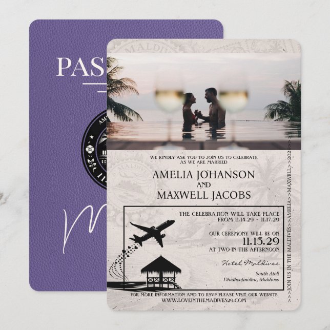 Invitación Boda de Pasaportes Lilac Purple Maldives (Anverso / Reverso)