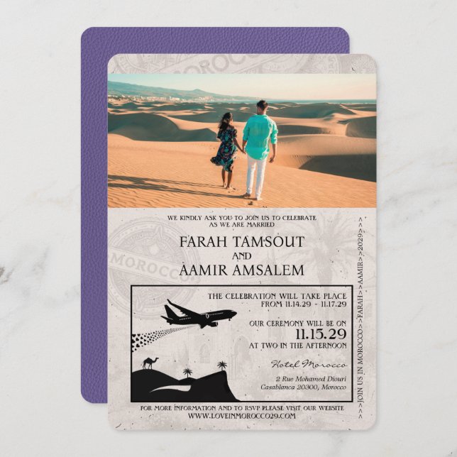 Invitación Boda de Pasaportes Lilac Purple Marruecos (Anverso / Reverso)